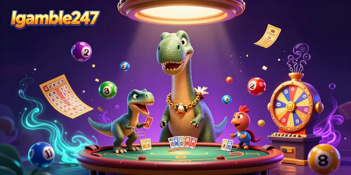 Engage with Igamble247's casino fun as a brontosaurus towers over a poker scene with lively elements.