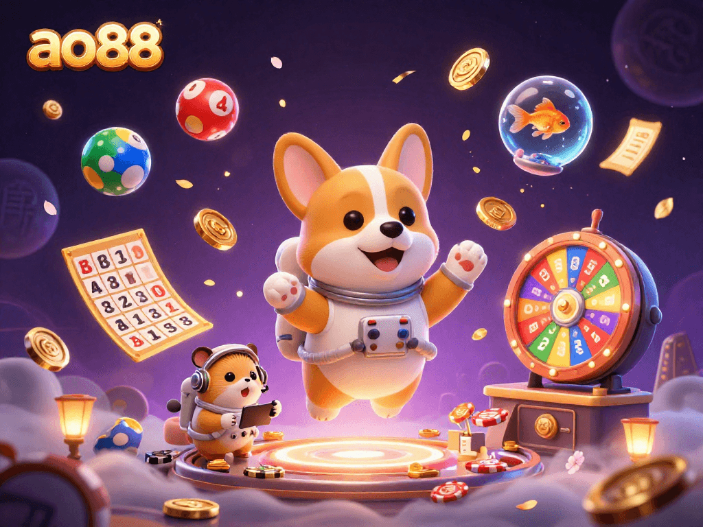 Experience the fun of ao88 with a vibrant casino-themed illustration showcasing games and winnings.