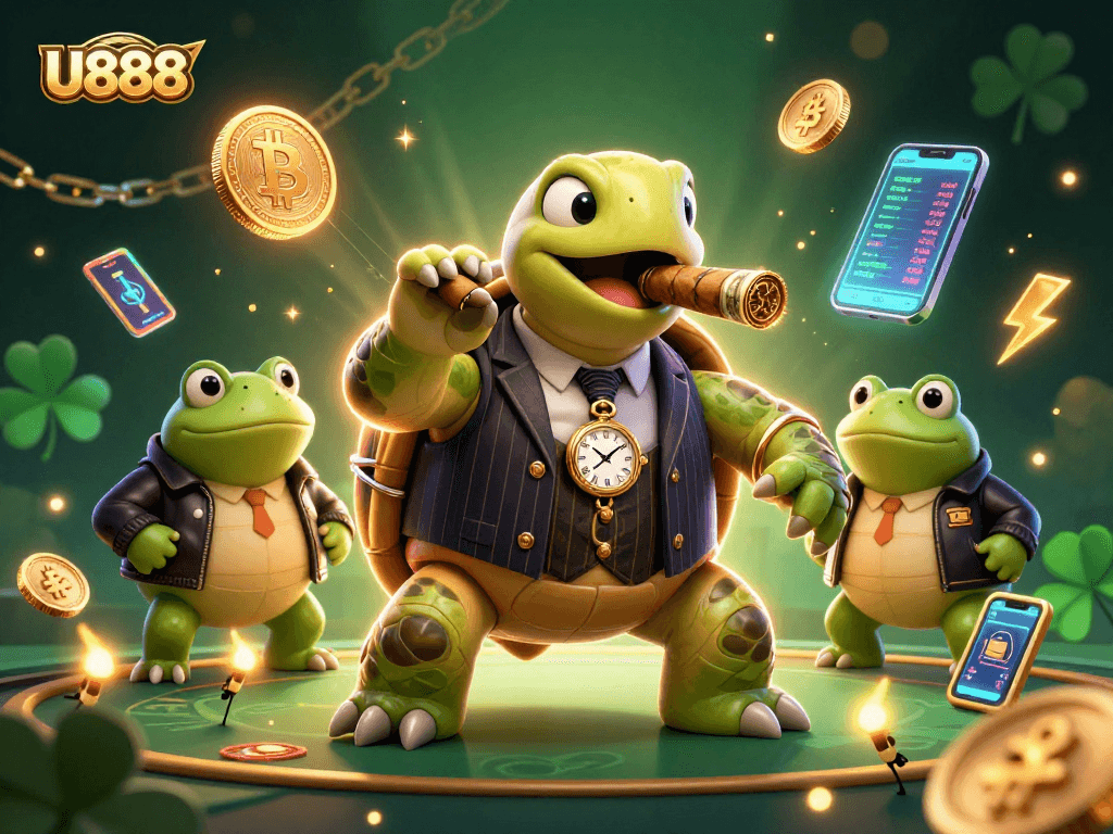 U888 players strategize big wins in a colorful casino scene filled with vibrant elements and crypto coins.