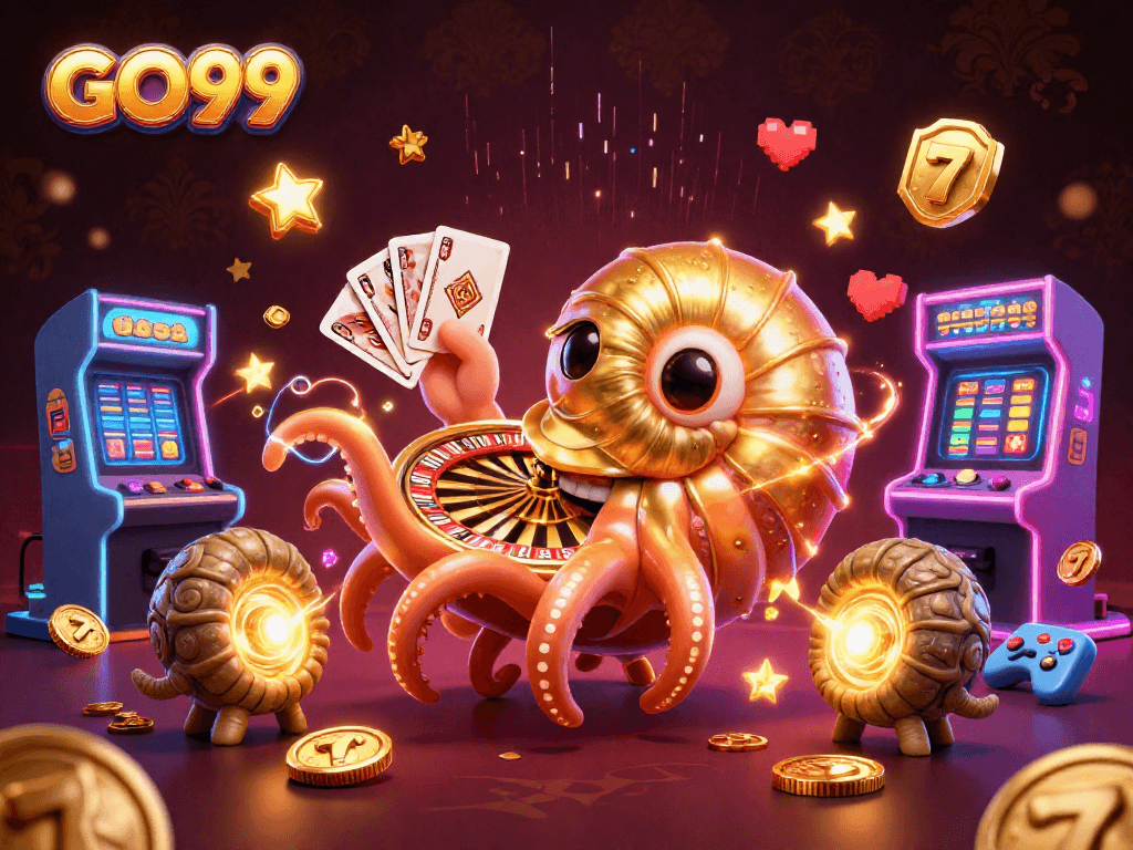 Experience thrilling gameplay at GO99 with a vibrant 3D casino scene featuring a roulette wheel and slot elements.