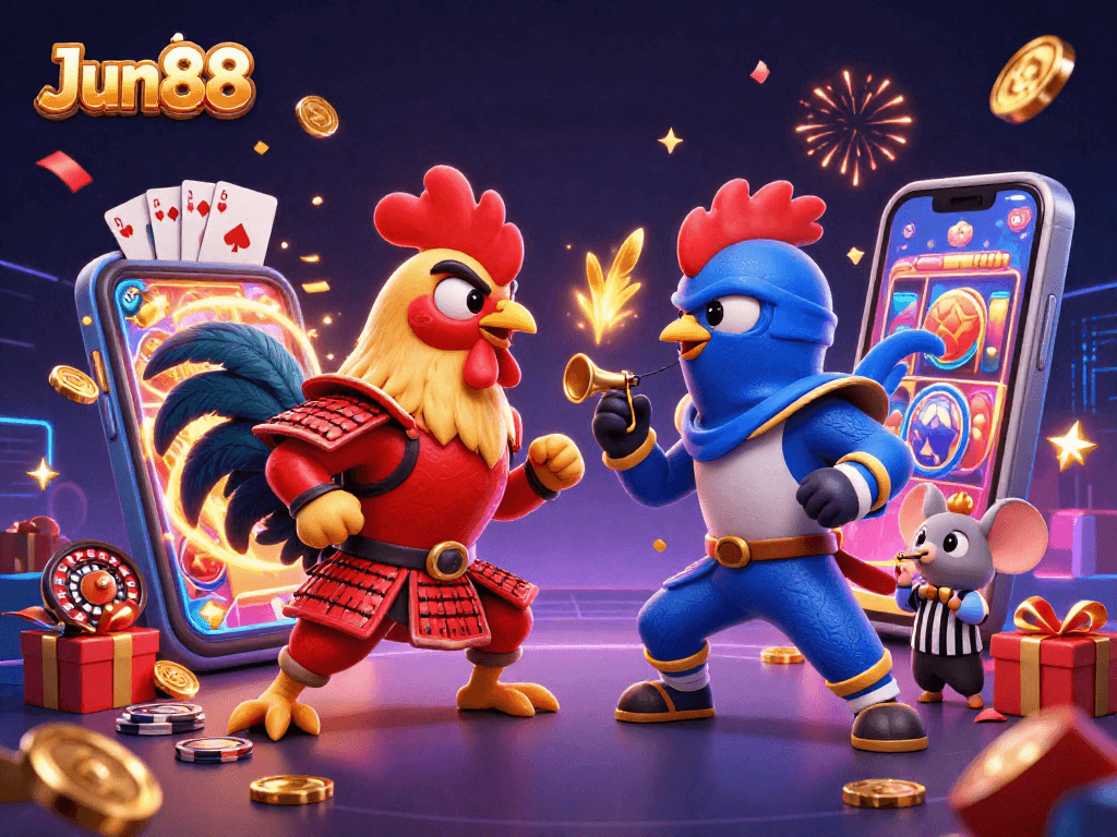 Experience thrilling action at Jun88 with dynamic roosters in a vibrant casino showdown.