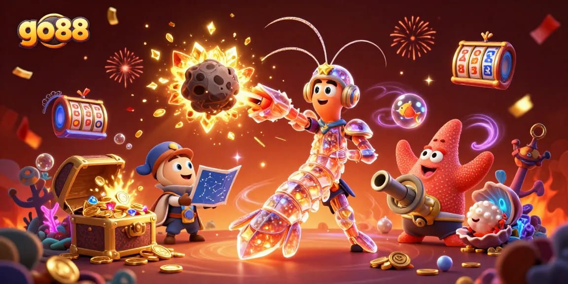 Engage in the excitement of go 88 with a vibrant 3D scene of underwater treasures exploding with gems.