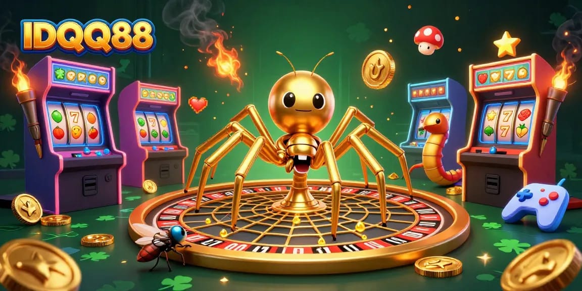 Engage with IDQQ88's thrilling slot experience featuring a spider and croupier in action.