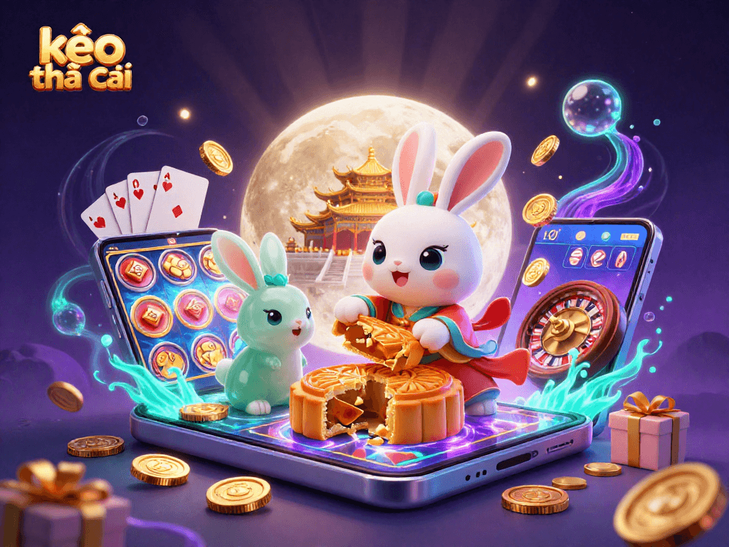 Win with kèo nhà cái as the moon rabbit reveals poker chips amidst vibrant casino elements.
