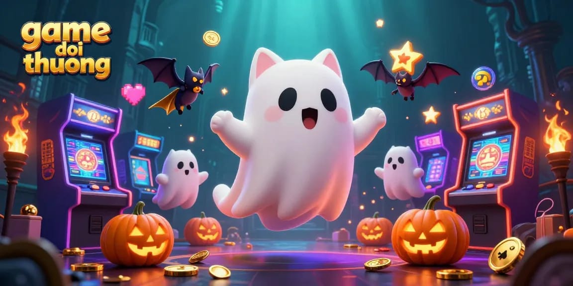 Engage in game doi thuong activities with glowing characters in a haunted casino environment.