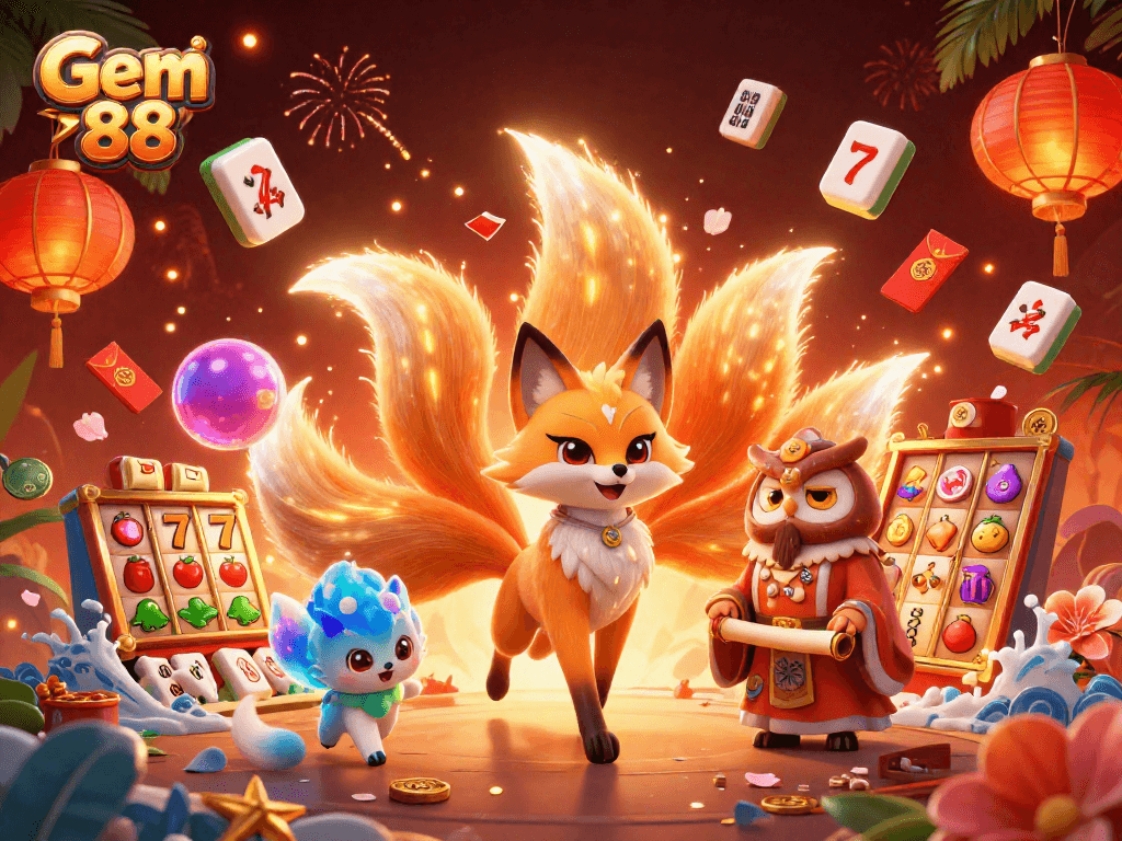 Engage with Gem 88’s vibrant scene featuring a mystical fox, owl sage, and dynamic casino elements.