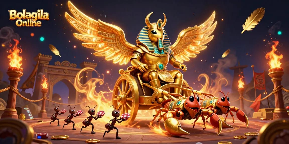 Experience thrilling moments with Bolagila Online as a colossal scarab leads the chariot in a vibrant casino battle.