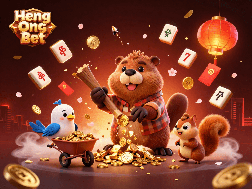 Experience the thrill of Heng Ong Bet as our beaver collects coins in a vibrant casino scene.