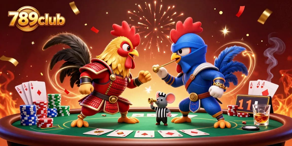 Compete like a champion at 789club with dynamic poker action featuring cartoon roosters.