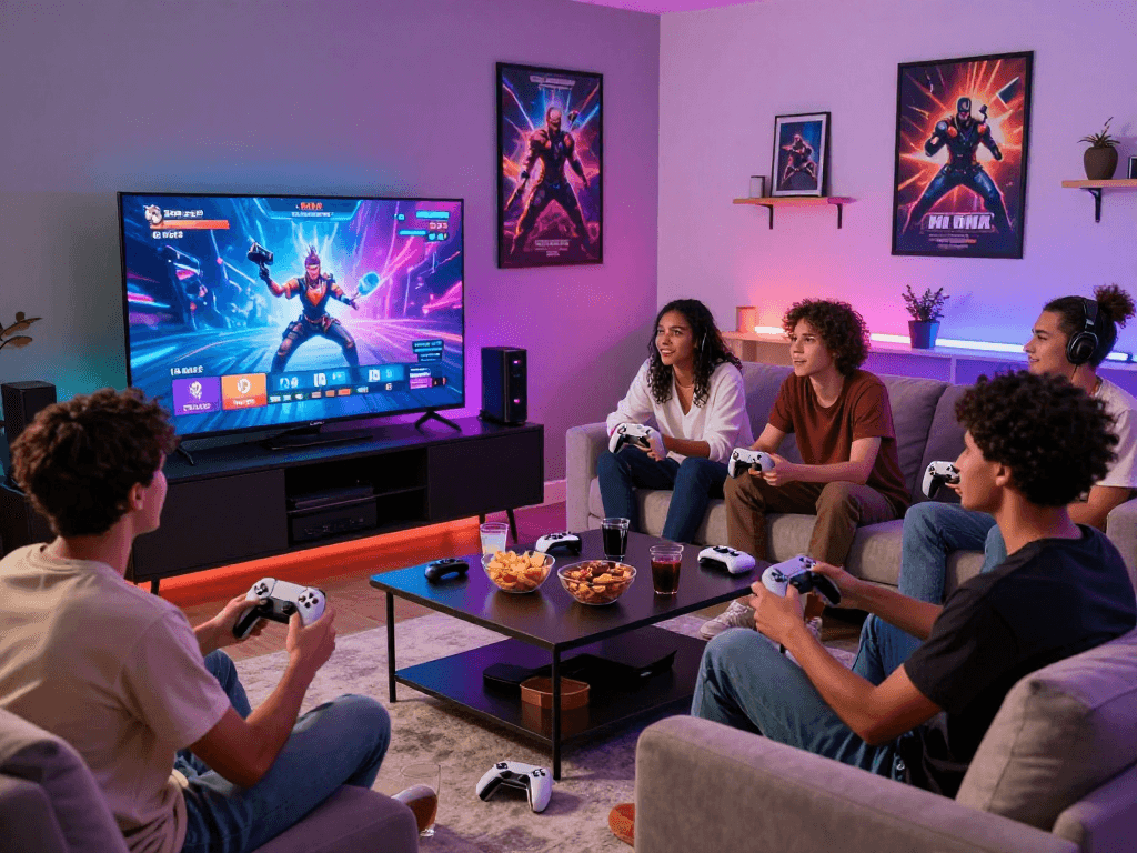 Friends enjoying immersive porn games in a vibrant living room with modern decor.
