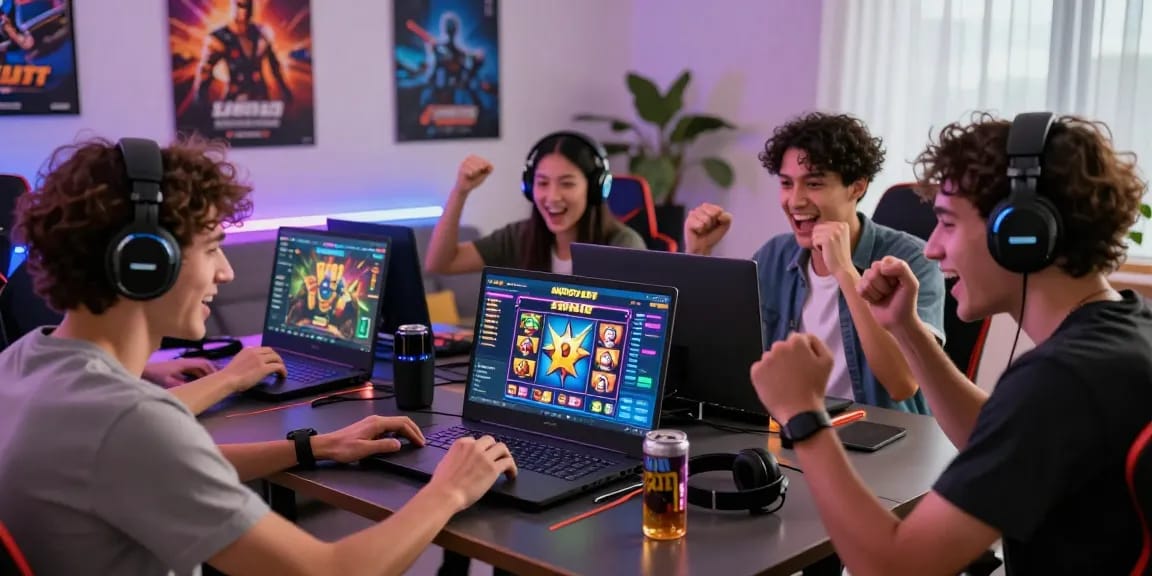 Online gaming excitement at MPOCASH platform with friends celebrating wins together.