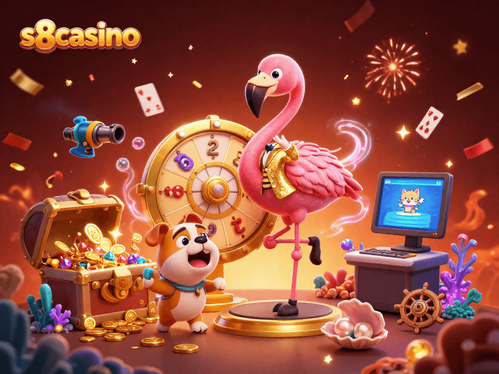 S8casino's vibrant gameplay showcase with a flamingo host and a bulldog contestant celebrating wins