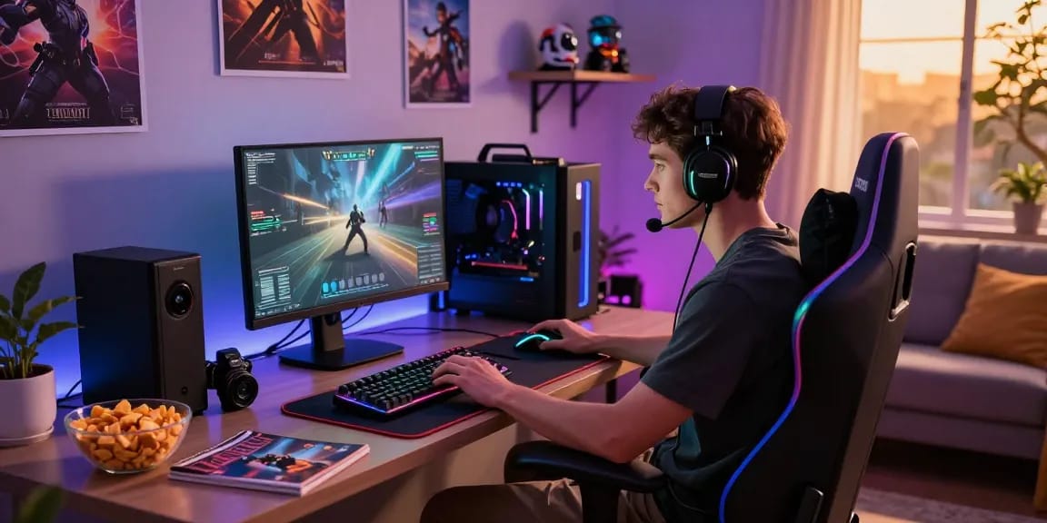 Intense gaming atmosphere featuring lucky77 gameplay and high-tech gear in a modern living room.