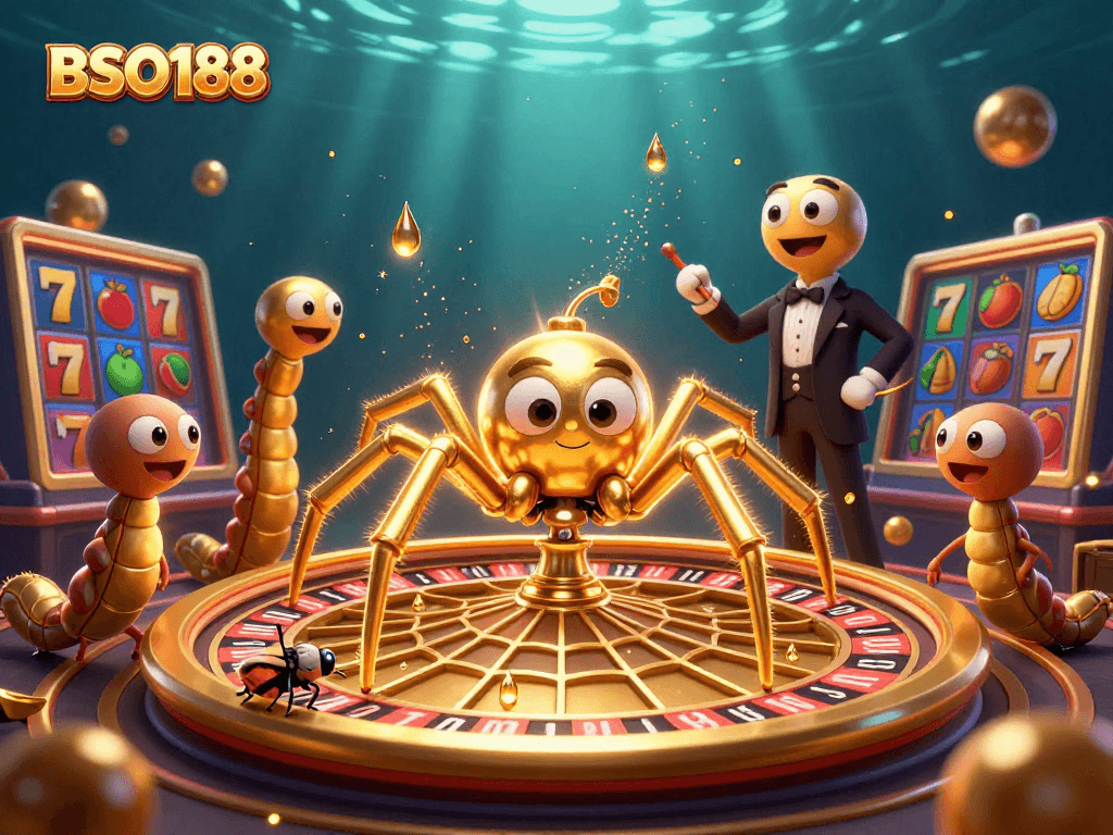 Gameplay at BSO188 featuring a golden spider and croupier in a vibrant casino scene.