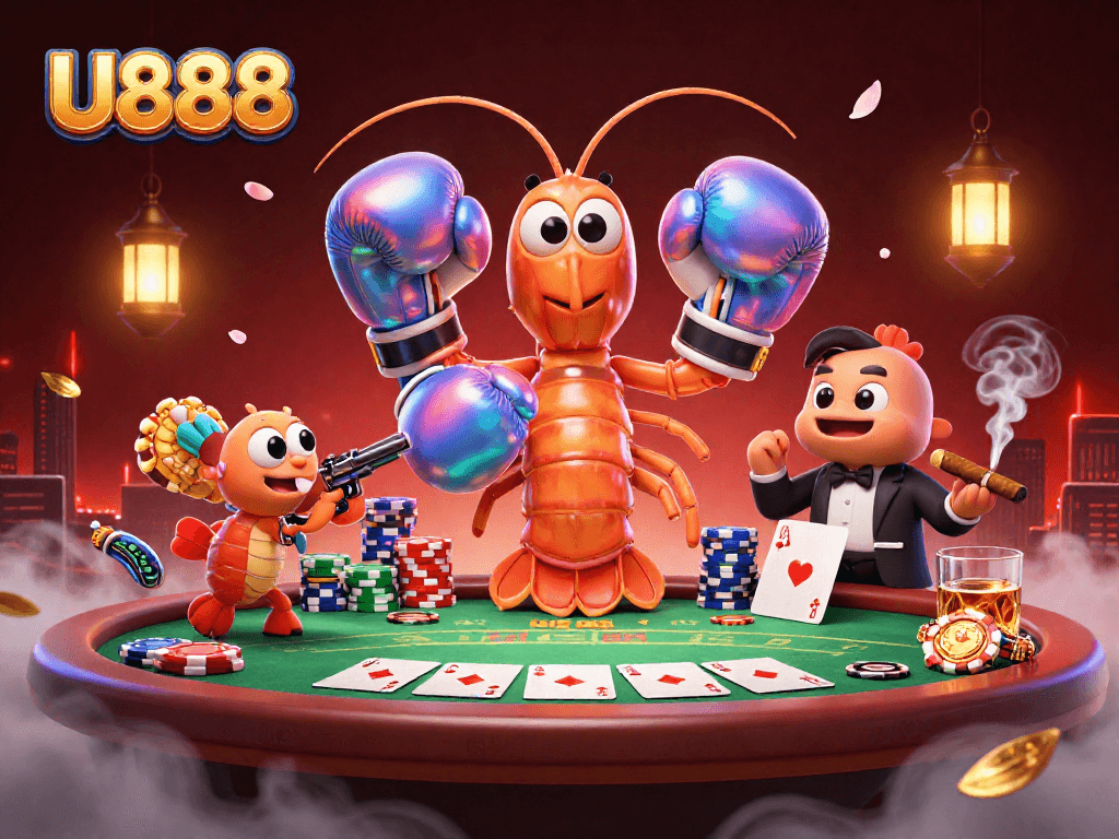 U888 showcases an action-packed poker scene with vibrant shrimp characters and casino elements.