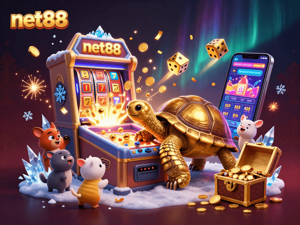 Engage with net88's thrilling 3D casino adventure, featuring a golden tortoise and exciting gaming action.