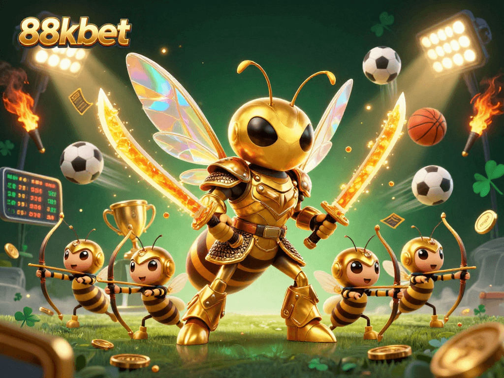 Experience the dynamic thrill of 88kbet with a 3D cartoon golden hornet and bee archers amidst sports elements.