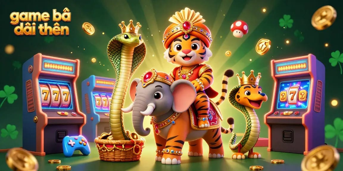 Play game bài đổi thưởng with a vibrant 3D illustration featuring a royal tiger, elephant, and gaming elements.