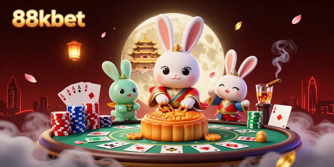 Join the excitement of 88kbet with a magical casino scene featuring poker chips and animated characters.