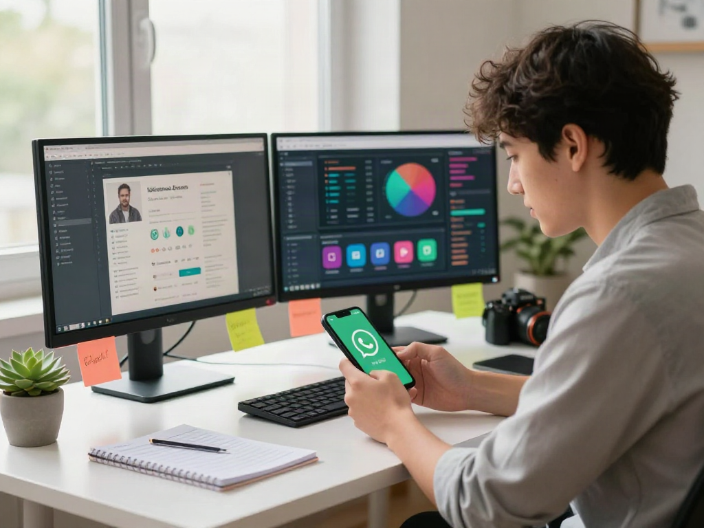 Young professional using gb WhatsApp in a vibrant home office, showcasing social media engagement.