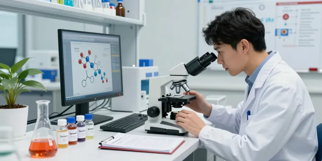 Researcher analyzing Semax peptides in a modern lab to buy Semax products safely.