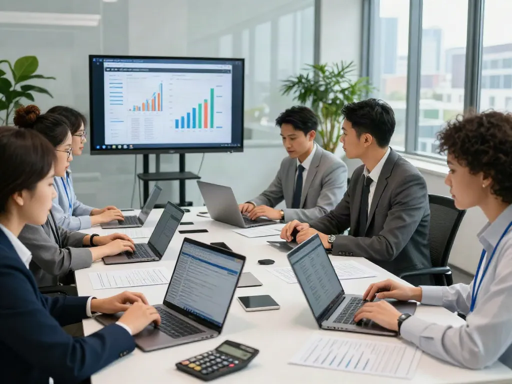 Team using branded professional tax software for collaboration in a bright office.