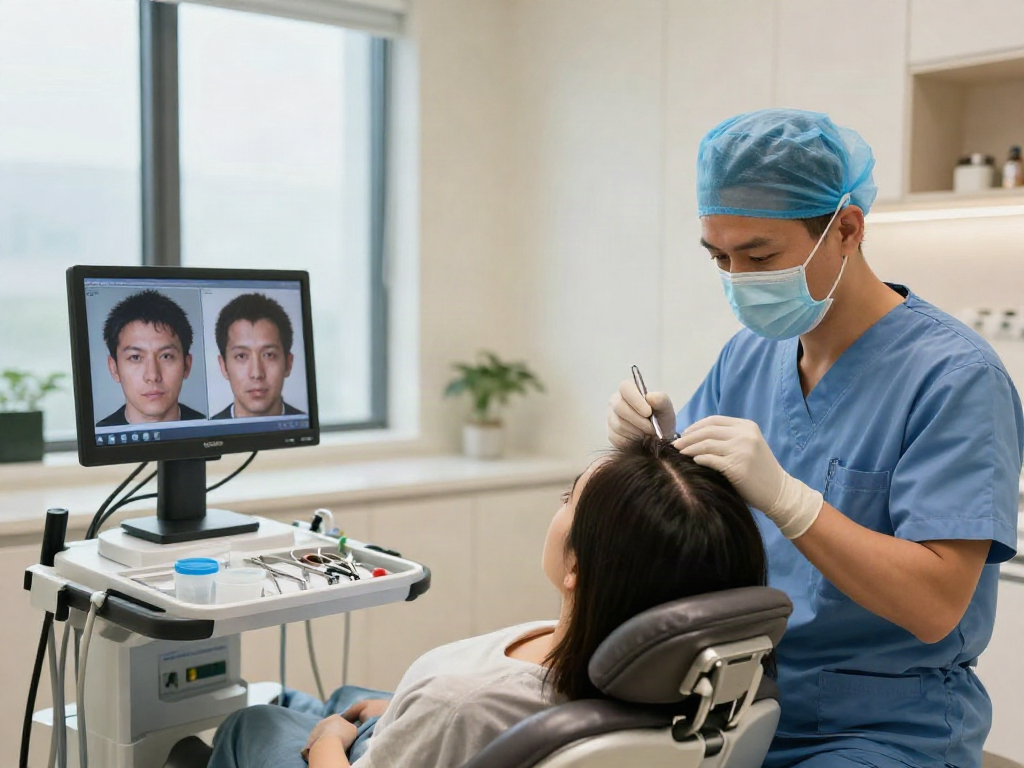 Hair transplant turkey procedure with a surgeon preparing tools and discussing options in a modern clinic.