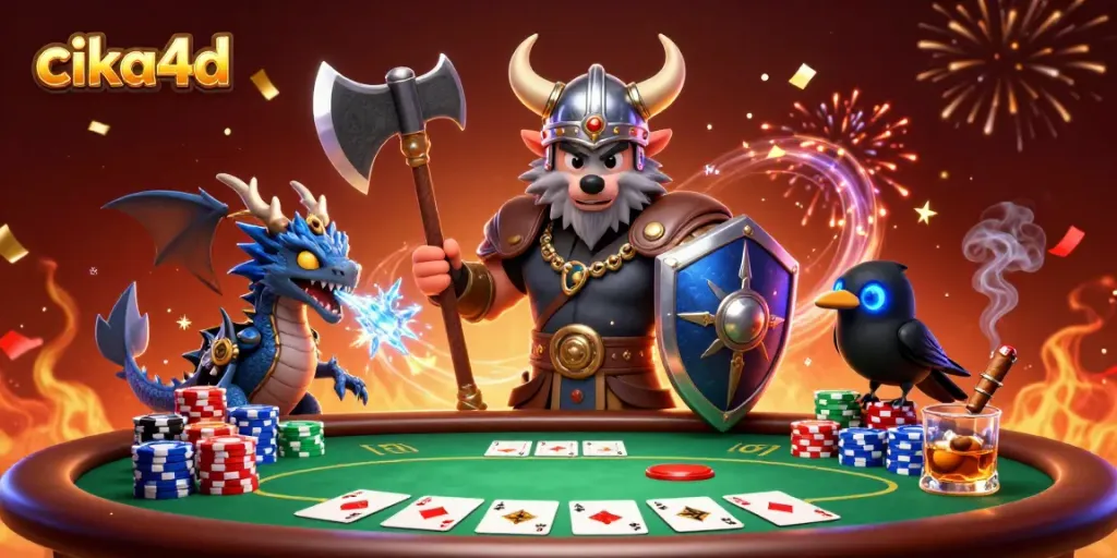 Engage with cika4d's epic casino adventure featuring a Viking wolf warrior and vibrant poker elements.
