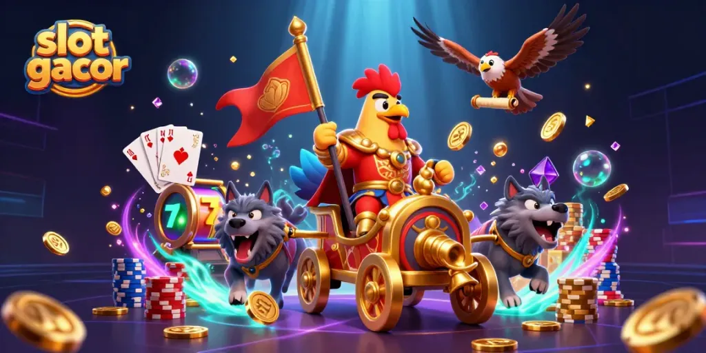 Slot gacor menarik perhatian pemain dengan ilustrasi kasino yang kaya dengan koin emas dan simbol keberuntungan.