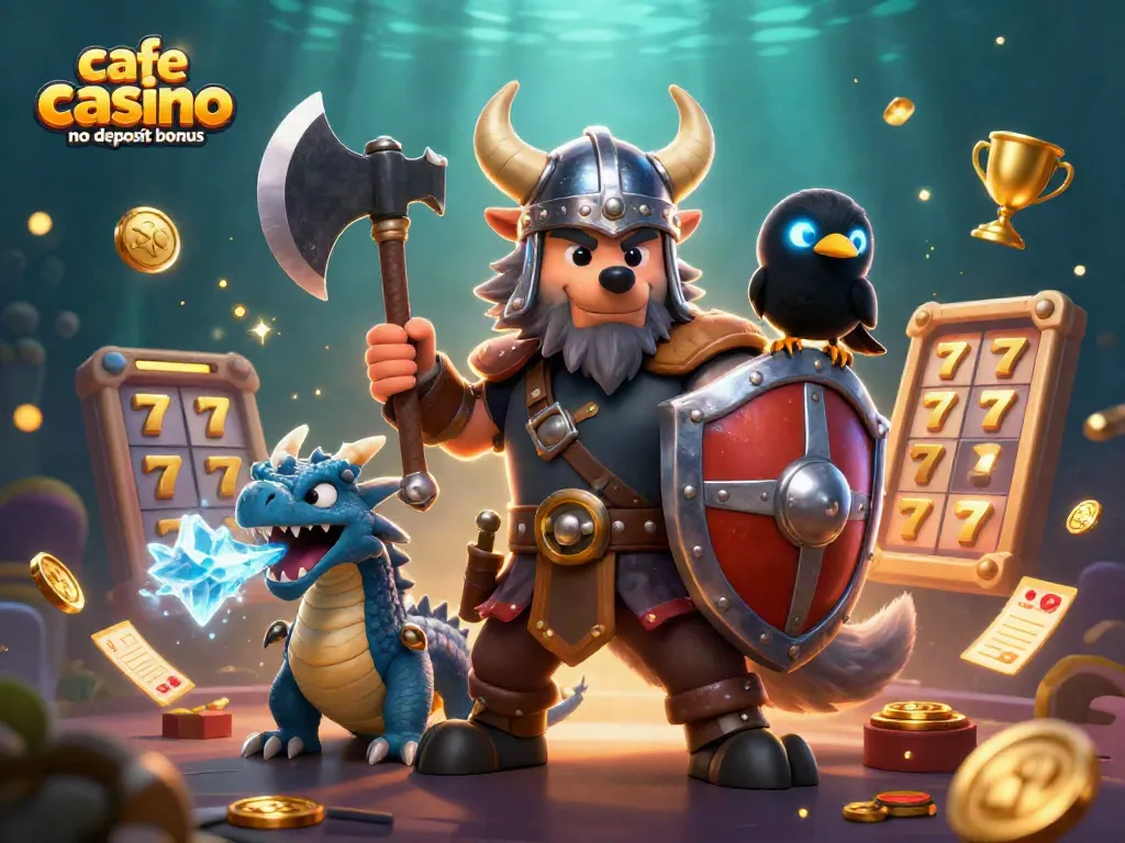 Engage with the exciting cafe casino no deposit bonus through a dynamic 3D illustration of playful characters and casino elements.
