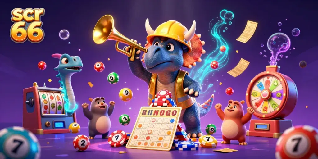 Experience excitement with scr 66 as a triceratops builds poker chip towers amidst dynamic game elements.
