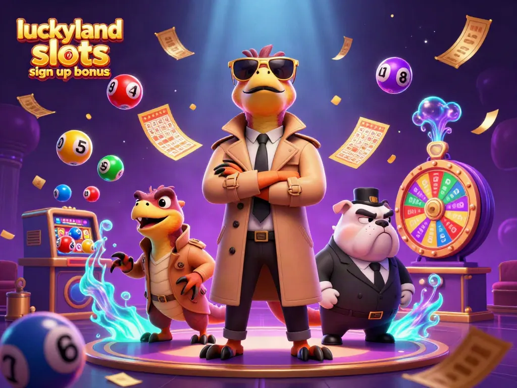 Enjoy the luckyland slots sign up bonus with raptors entering a VIP casino while surrounded by vibrant game elements.