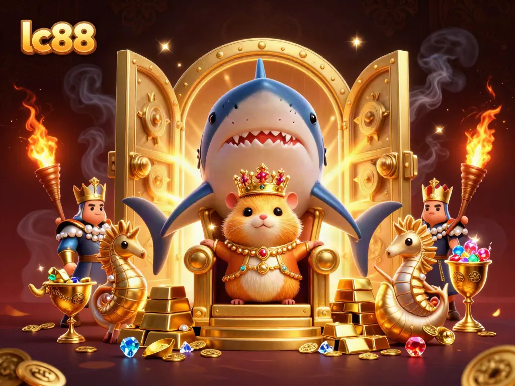 Experience thrilling gaming action at lc88 with a dynamic scene of royal characters and golden treasures.