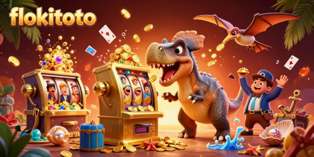 Experience excitement with flokitoto as a pachycephalosaurus activates a golden slot machine amidst flying coins.