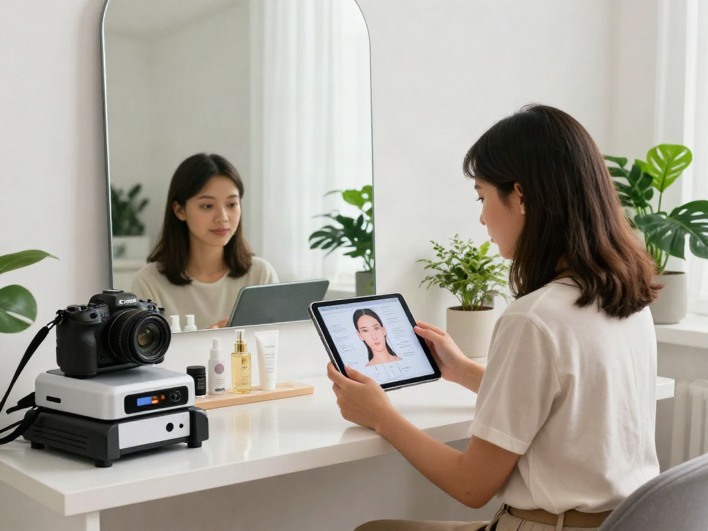 Woman discovering ClinicEvo cheaper than QOVES facial analysis in a stylish studio.
