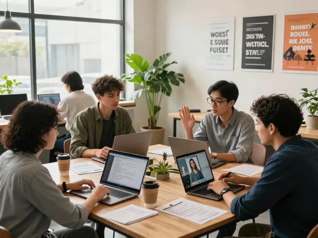 Collaborative job search scene emphasizing หางาน opportunities in a dynamic workspace