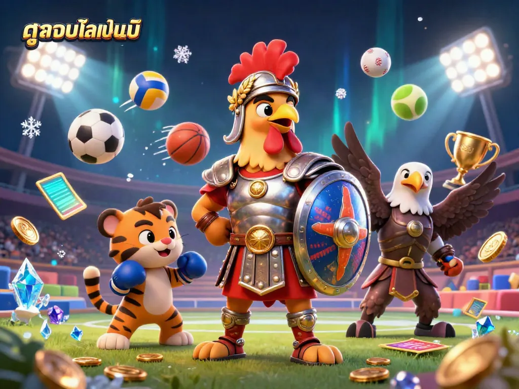 Experience thrilling ดูบอลออนไลน์ action with a dynamic sports betting scene featuring a gladiator rooster, tiger cub, and eagle.