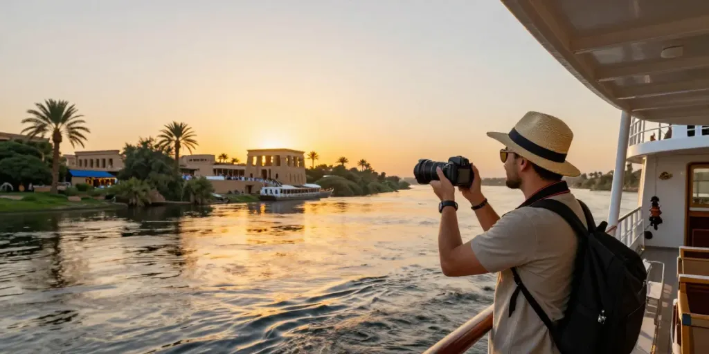 Relaxing on an Egypt Nile cruise with lush landscapes and ancient temples.