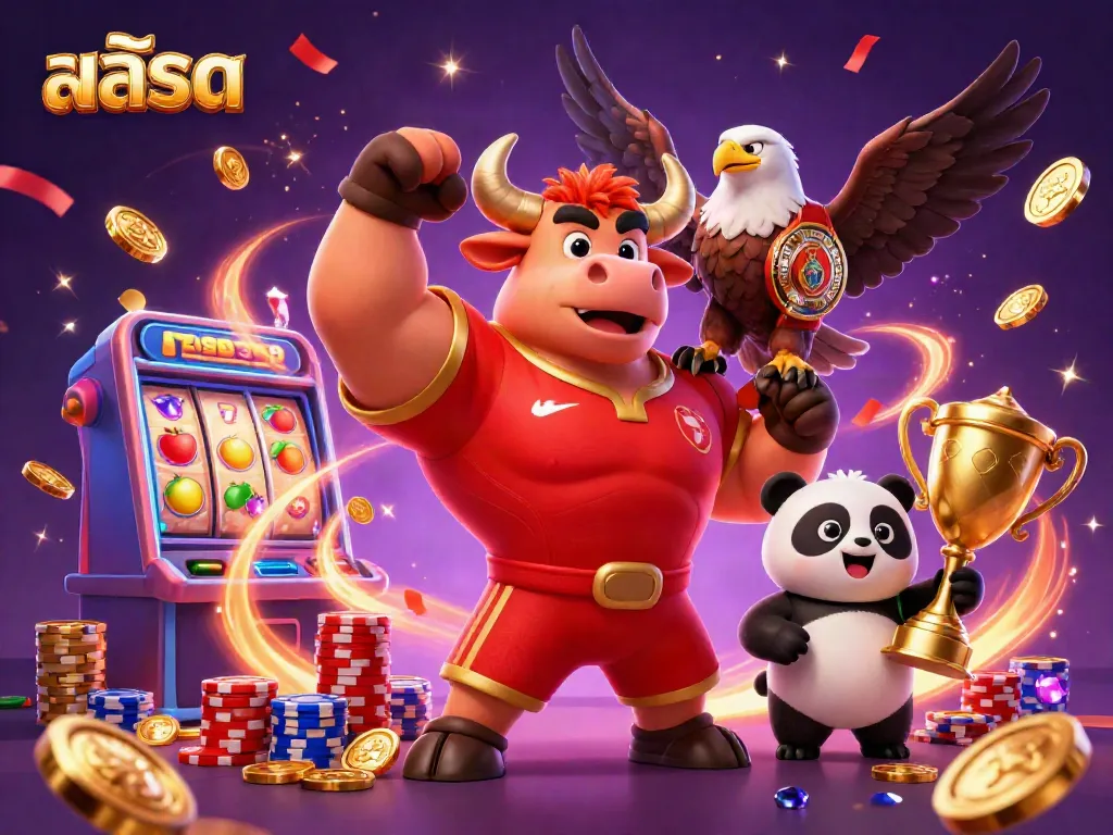 Experience the excitement of สล็อต in a vibrant, dynamic casino scene with characters and slot elements.