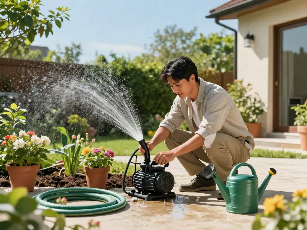 Instalación de bombas de agua Venezuela en un jardín moderno con herramientas y vegetación.