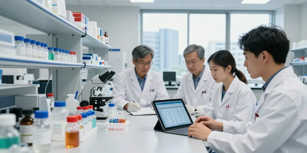 Peptide price.store researchers comparing prices and samples in a laboratory.