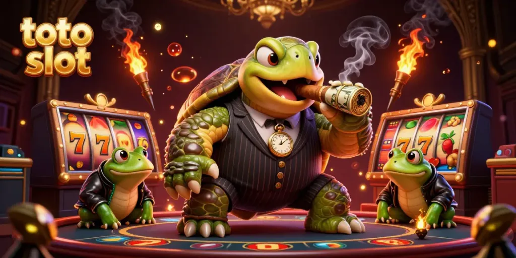 Experience thrilling toto slot action as a turtle in a mobster suit enjoys the casino scene.