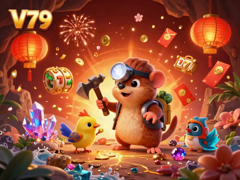 Experience thrilling wins at V79 while a lucky mole unearths treasures in this vibrant casino scene.