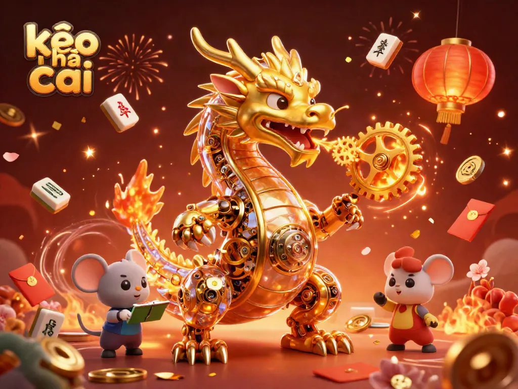 Experience the vibrant action with kèo nhà cái depicted through a golden dragon in a festive casino atmosphere, showcasing luxurious symbols.