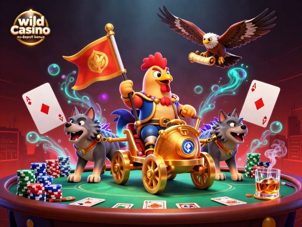 Play thrilling games with wild casino no deposit bonus, featuring a rooster warlord in a vibrant casino scene.