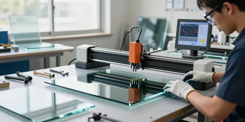 Glass cutting machine supplier operating a precise glass cutter in a bright workshop