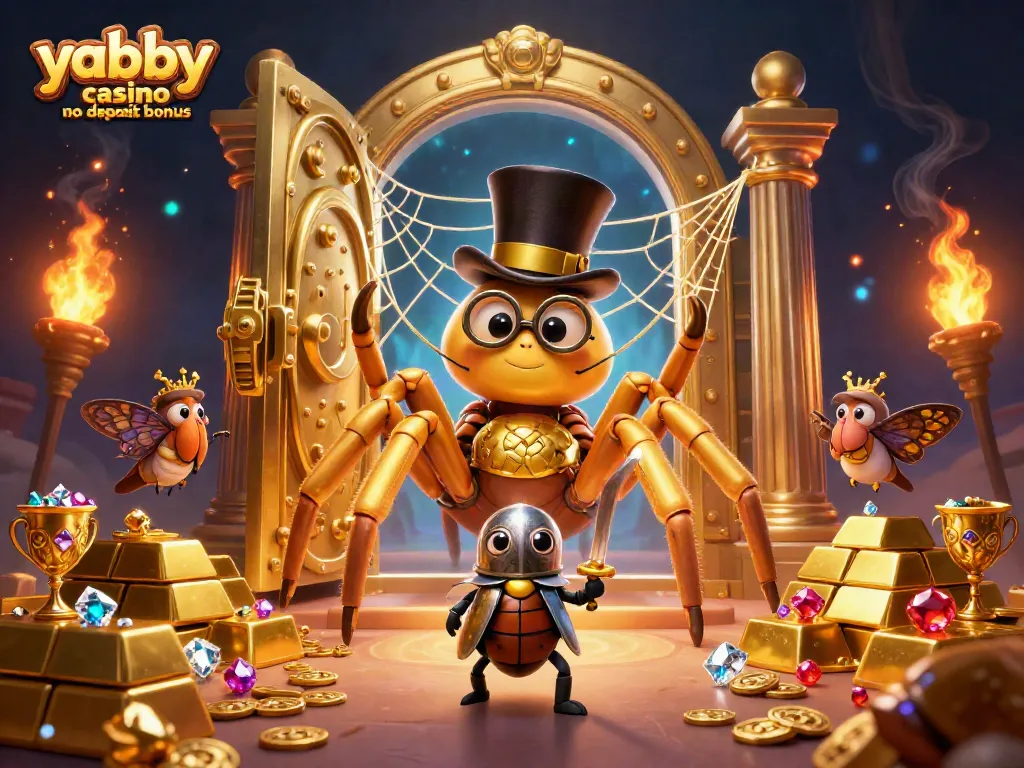 Claim your yabby casino no deposit bonus with an exciting scene featuring gold and jewels swirling around cartoon characters.