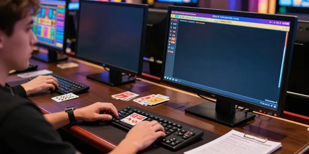 Player engaging in Toto togel betting at a sleek computer setup, showcasing vibrant game graphics and a dynamic atmosphere.