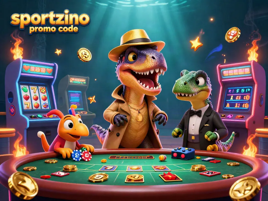 Engage with the sportzino promo code by exploring a vibrant casino scene featuring a velociraptor at play.