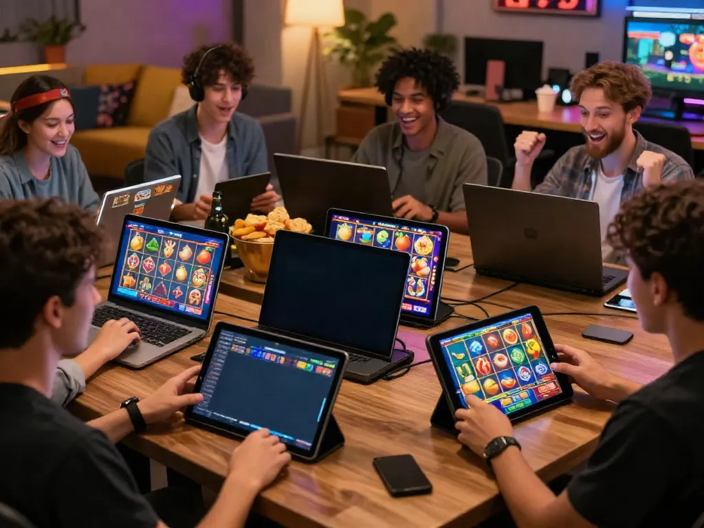 Players enjoying slot games on devices in an inviting gaming room.